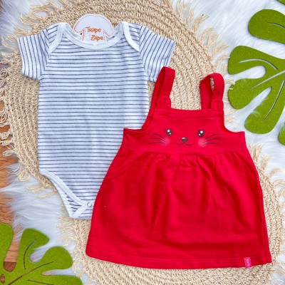 Conj. Body Listrado e Salopete Gatinha - Branco e Vermelho 